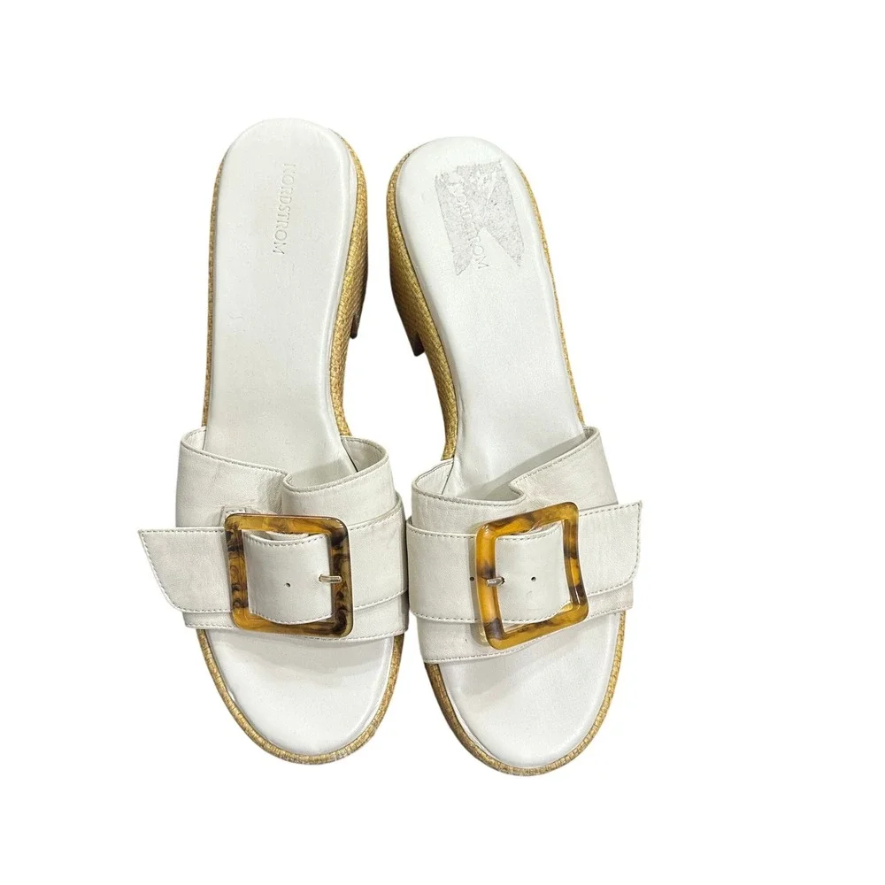 Nordstrom Courtney-Lea White Leather Raffia Platform Buckle Slide Sandals 10M